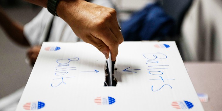 A voter casts a ballot in a box