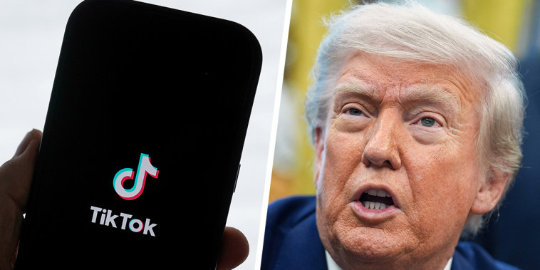 A split composite image of a hand holding a phone with the TikTok logo on a smartphone, left, and Donald Trump speaking