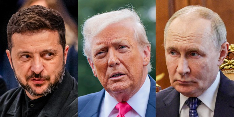 A split composite of Volodymyr Zelensky, Donald Trump and Vladimir Putin.