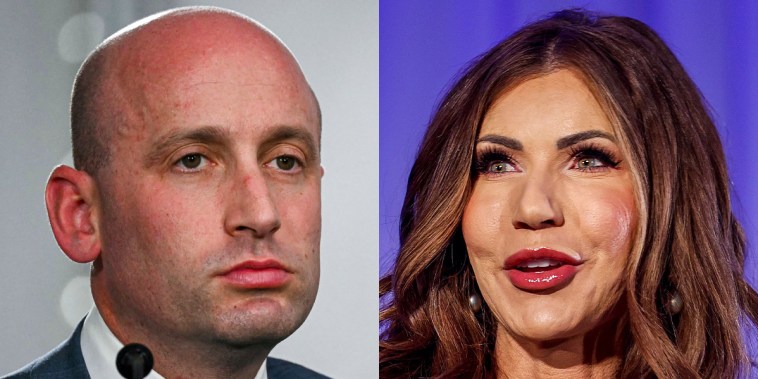 A split composite of Stephen Miller and Kristi Noem.