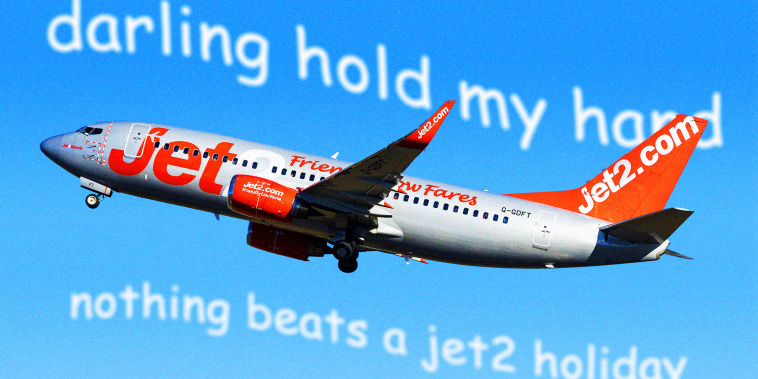 A Jet2 airplane in the sky with cloud-like text reading "Darling hold my hand" and "Nothing beats a jet2 holiday"