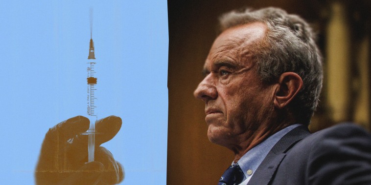 RFK Jr at a hearing; a inverted gloved hand holding a vaccination syringe.