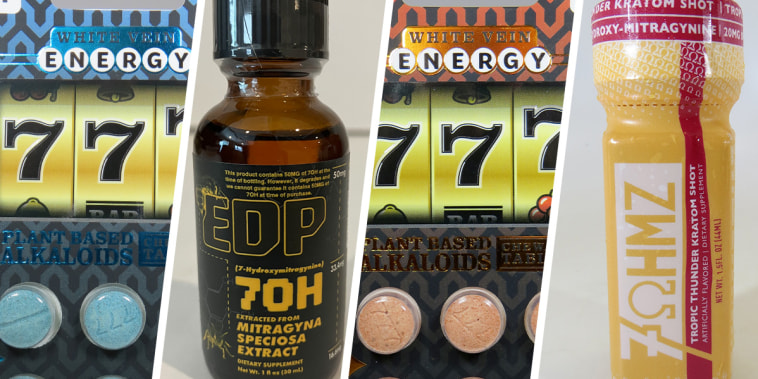 Side by side of Jackpot Alkaloids, Mitragyna Speciosa Extract and Tropic Thunder Kratom Shot.