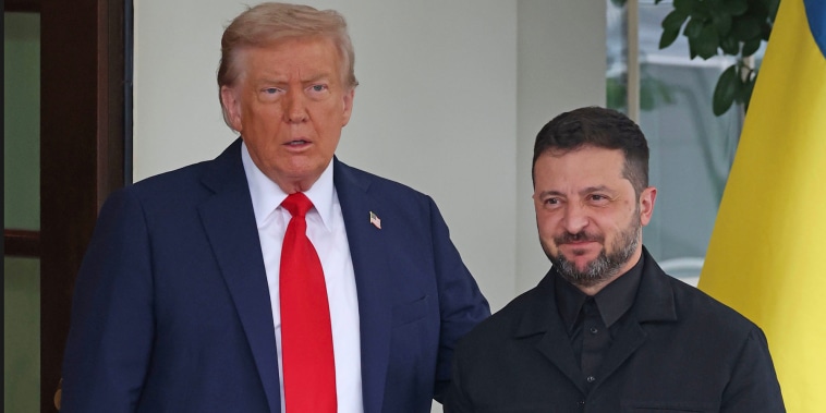 President Donald Trump greets Ukrainian President Volodymyr Zelensky at the White House on Aug. 18, 2025.