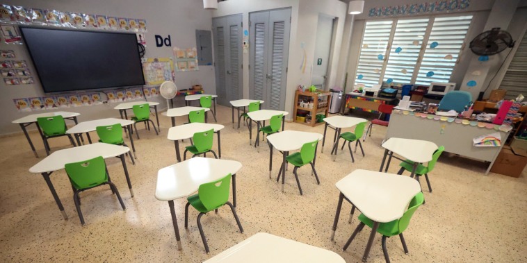 A classroom with desks, a large screen on the left wall, two fans can be seen