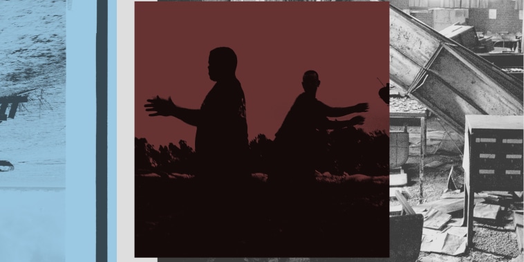 Photo collage of silhouettes against a backdrop of destruction from Hurricane Katrina 