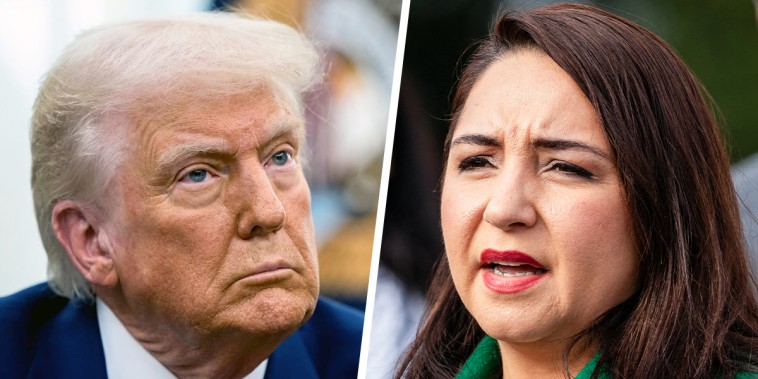 A split composite image of Donald Trump, left, and Delia Ramirez