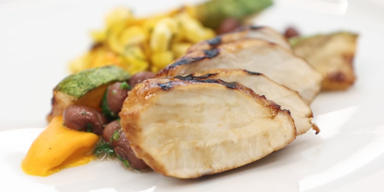 Chicken, beans, and other ingredients on a plate