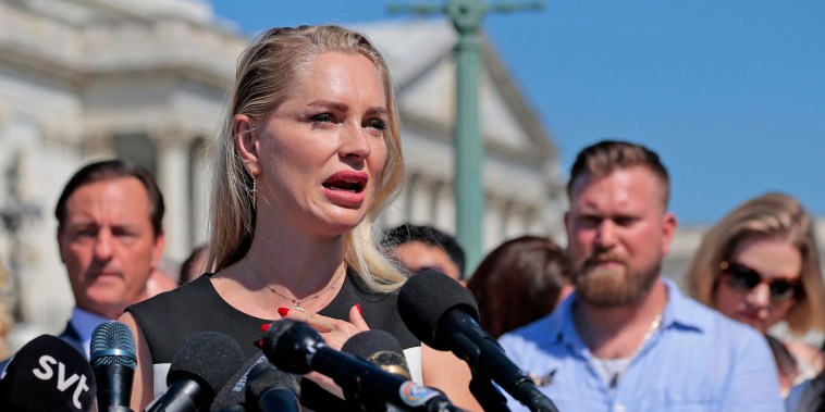 Anouska De Georgiou speaks at a news conference with other alleged victims of disgraced financier and sex trafficker Jeffrey Epstein outside the Capitol on Sept. 3, 2025.
