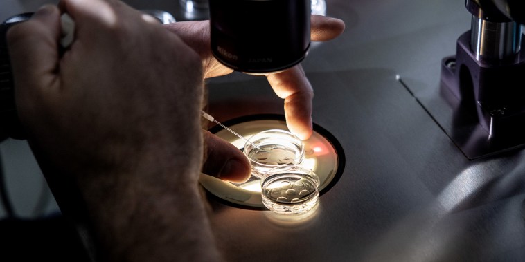 Illia Brusianskyi, a senior embryologist at West Coast Fertility Centers, in Fountain Valley, CA., adds media to petri dishes containing embryos, before freezing the embryos, February 29, 2024.