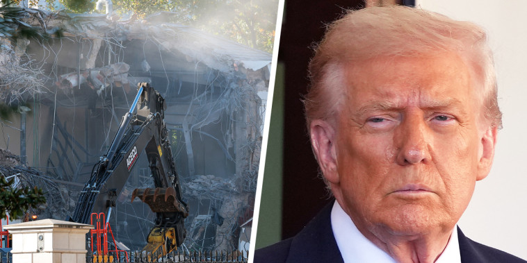 The facade of the East Wing of the White House being demolished on Oct. 20, 2025; Donald Trump