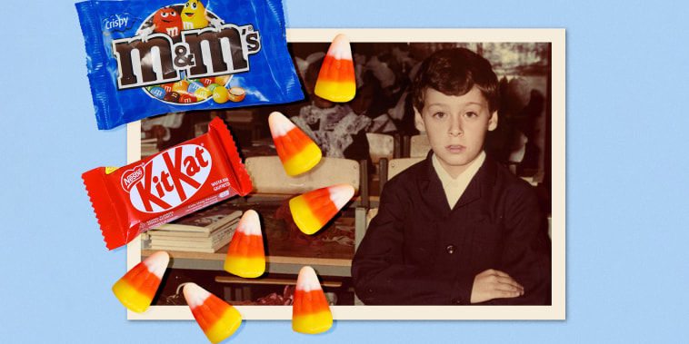 A photo illustration of a photograph of the author overlayed with Halloween candy.