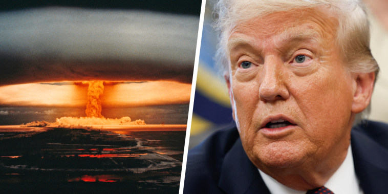 Nuclear explosion and atomic mushroom cloud; Donald Trump.