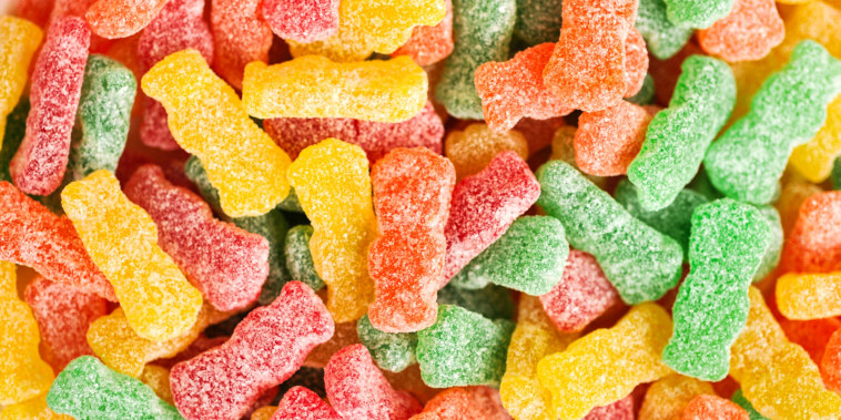 Overhead close-up of colorful sour candy
