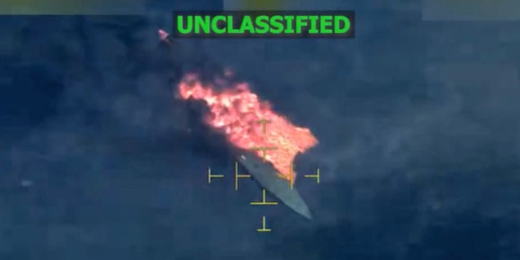 A vessel burns in the Eastern Pacific after it was hit by a U.S. strike on Dec. 12, 2025.