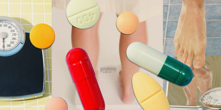 Photo illustration of scales and a variety of pills 