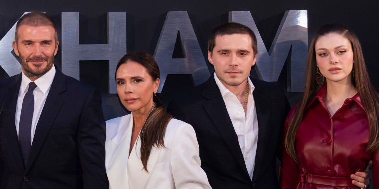 David and Victoria Beckham with their eldest son Brooklyn and his wife Nicola Peltz in 2023.