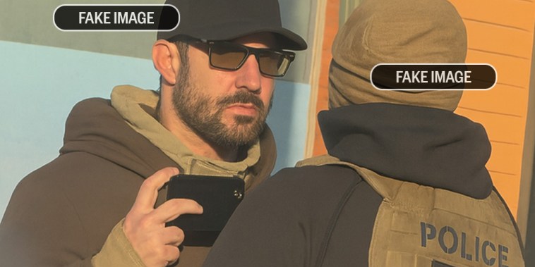 A deepfake image showing a man resembling Alex Pretti holding a cell phone in his hand while standing near a law enforcement officer, who wears a flak jacket.