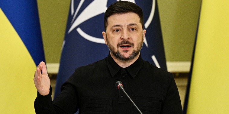 Ukraine's President Volodymyr Zelensky speaks at a news conference following a meeting with NATO's secretary general in Kyiv on Feb. 3, 2026. 