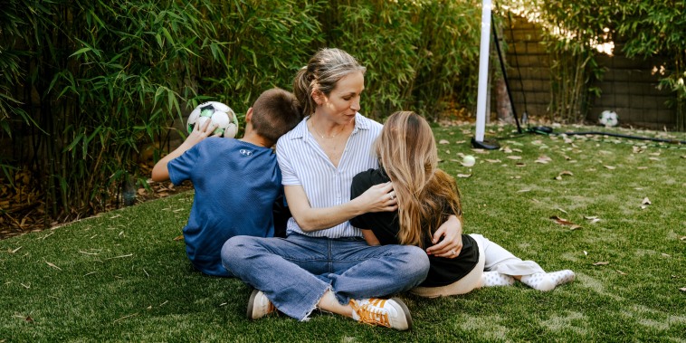 Julie Frumin and her two children, who are in 3rd grade and 6th grade, at their home in Thousand Oaks, Calif., on Feb. 5, 2026.