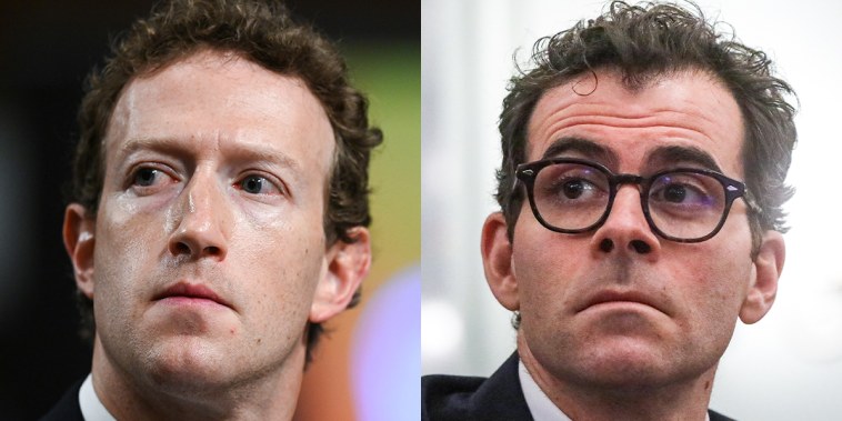 A split composite image of Mark Zuckerberg, left, and Adam Mosseri.