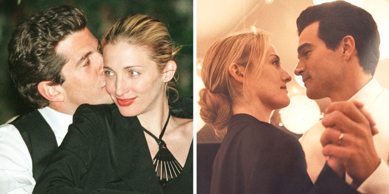 A split composite image of John F. Kennedy Jr. and Carolyn Besette embracing, left, and Sarah Pidgeon and Paul Anthony Kelly dancing together