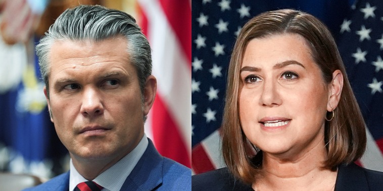 A split composite image of Pete Hegseth, left, and Elissa Slotkin
