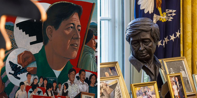 A composite of a mural in Cezar A. Chavez Memorial Park and a sculpture of Cezar Chavez in the Oval Office awaiting former President Biden.