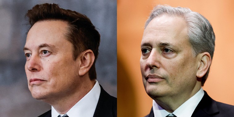 A split composite image of Elon Musk, left, and David Sacks