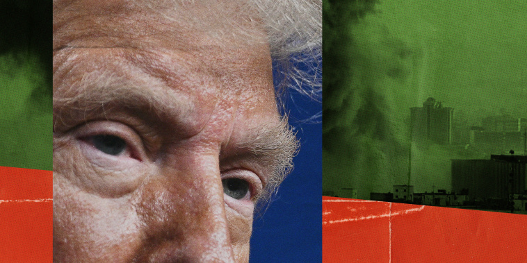 Photo illustration of Donald Trump's eyes, with a split screen of green and red showing an airstrike in Iran.