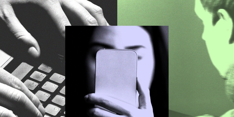 Photo collage of various teenagers on smartphones and computers 