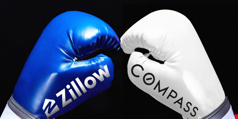 Photo illustration of two boxing gloves labelled "Zillow" and "Compass"