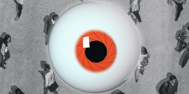 Illustration of an aerial of people walking on a street while a hyper-realistic eyeball with a camera-shutter iris watches over them.