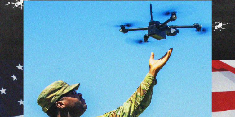 Photo illustration of a US Army soldier letting go of a quadcopter drone; the American flag; and swarming quadcopter drones.