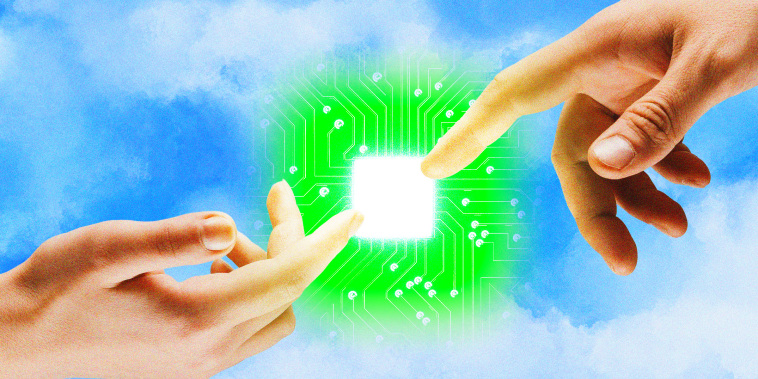 Two hands reach out, in the style of "The Creation of Adam," against a blue sky. A glowing green computer chip hovers between the fingers.