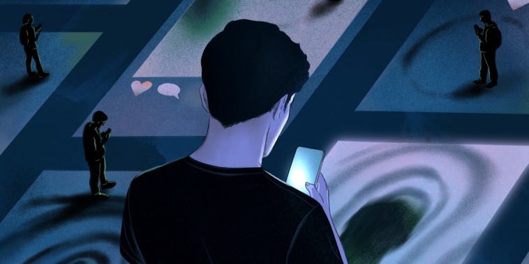 Illustration of a male figure scrolling on a phone, near other shadow-y figures and phone screens.
