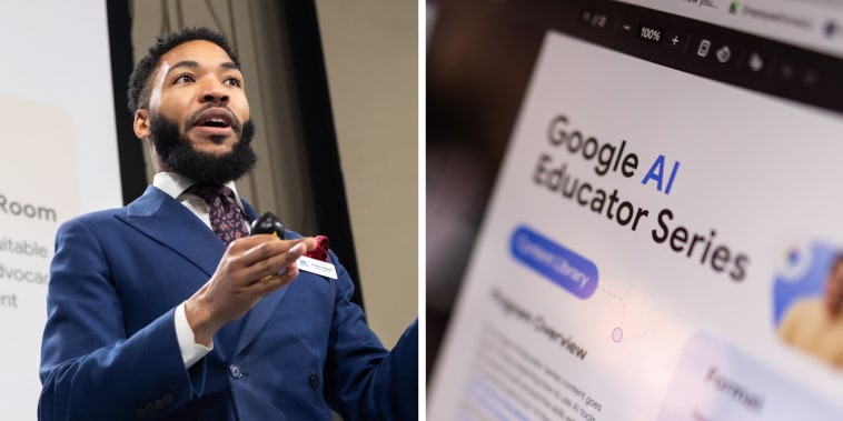 A split composite image, on left, Winston Roberts speaks on stage, on right, a photo of a laptop screen showing a webpage with text that reads "Google AI Educator Series"