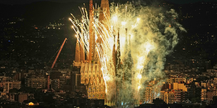 Fireworks engulf Antoni Gaudí's Basilica of the Sagrada Família after Pope Leo XIV blessed the newly completed central Tower of Jesus Christ in Barcelona, Spain, Wednesday, June 10, 2026. 