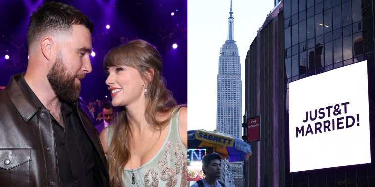 Travis Kelce and Taylor Swift; A sign reading "JUST&T MARRIED!" on the facade Madison Square Garden 