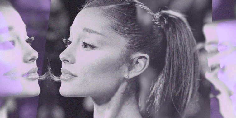 Photo illustration of Ariana Grande, showing blurry reflections of the same photo, overlayed with purple.
