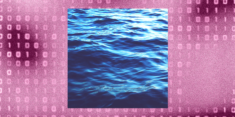 Photo illustration of a pink background with coding and an image of water in the center. 