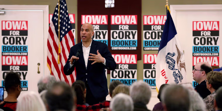 Image: Sen. Cory Booker speaks during a meeting with local residents during a campaign event in Ottumwa, Iowa, on March 16, 2019.