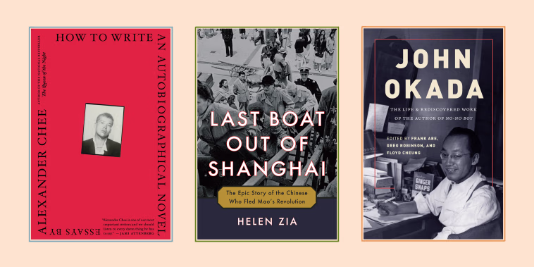 Book covers for \"How to Write an Autobiographical Novel\" by Alexander Chee, \"Last Boat Out of Shanghai: The Epic Story of the Chinese Who Fled Mao's Revolution\", and \"JOHN OKADA: The Life & Rediscovered Work of the Author of 'No-No Boy.\"
