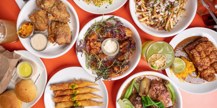 Image: Fried chicken, pancit and other dishes from Ma'am Sir, a Filipino American restaurant in Los Angeles