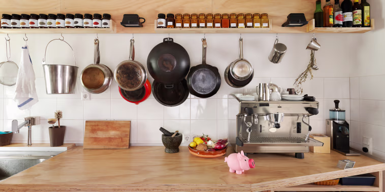 Counter space and cooking utensils in modern kitchen