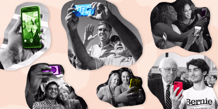 Image: Democratic candidates for president take selfies with supporters.