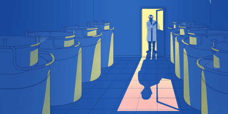 Illustration of fertility clinic tech opening door to room full of egg freezing tanks.