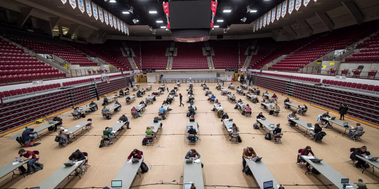 Image: University of Montana students take a socially distanced Introduction to Natural Chemistry final exam in Missoula