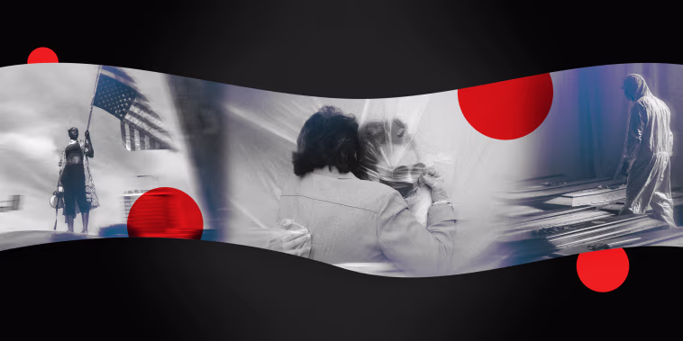 Image: A collage with red dots shows a Black protester standing with an American flag; two women wearing masks hug through a plastic sheet; a man in a hazmat suit walks between rows of caskets.