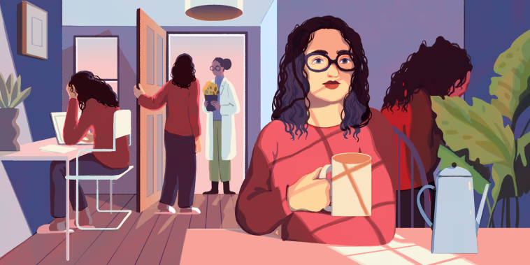 Image: A woman, going through stages of grief, looks out a sunny window while crying in the shadow of her room; she receives flowers from a friend, and cries at her desk.